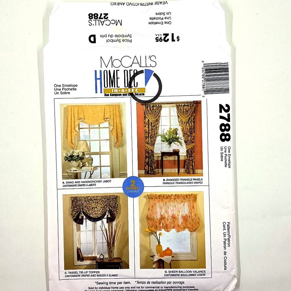 Vtg McCall's 2788 Home Dec Sheer Balloon Valance Sewing Pattern 2 Hrs Uncut 2000